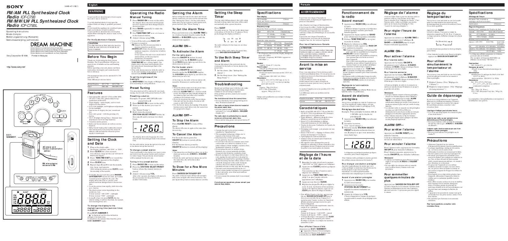 Mode d'emploi SONY ICF-C793