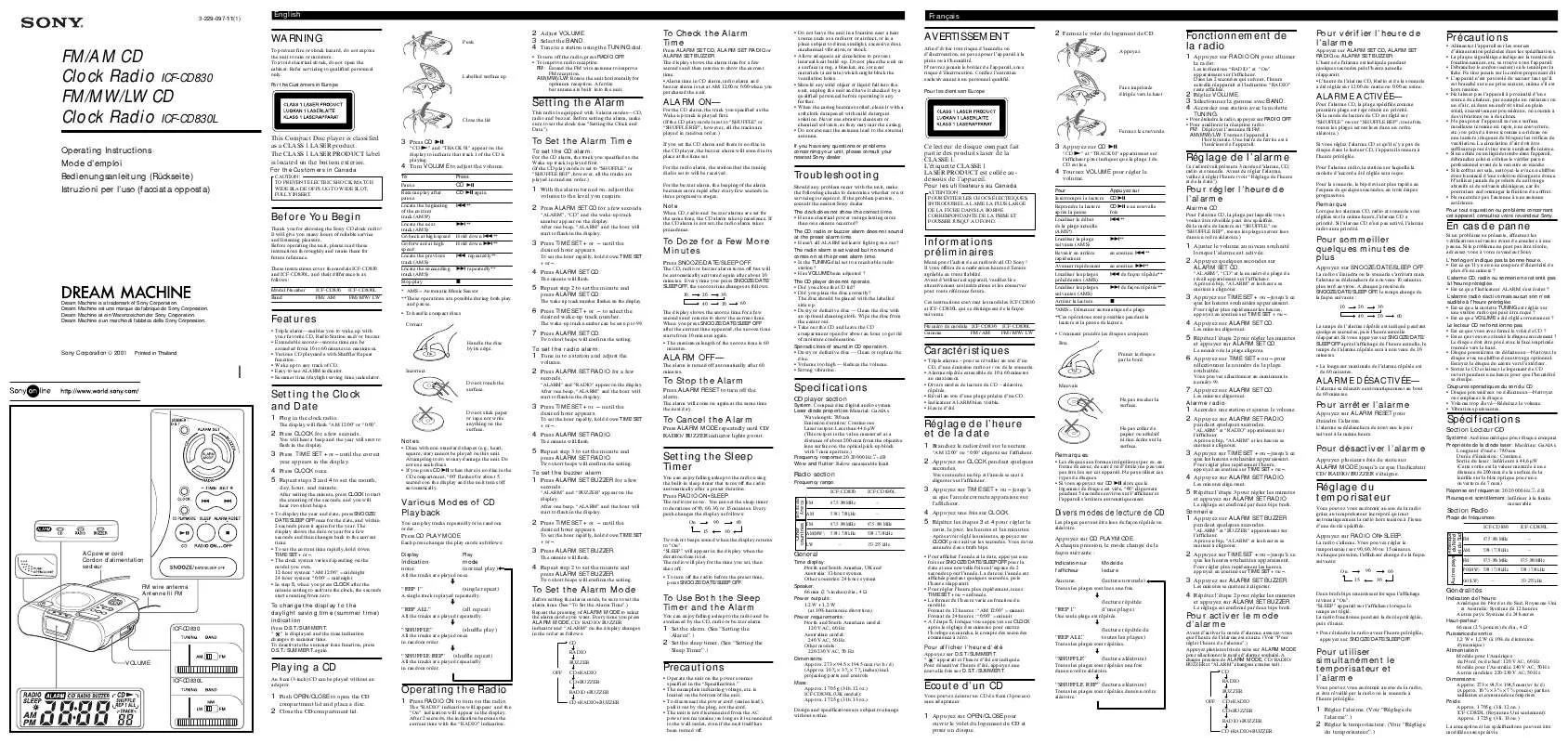 Mode d'emploi SONY ICF-CD830