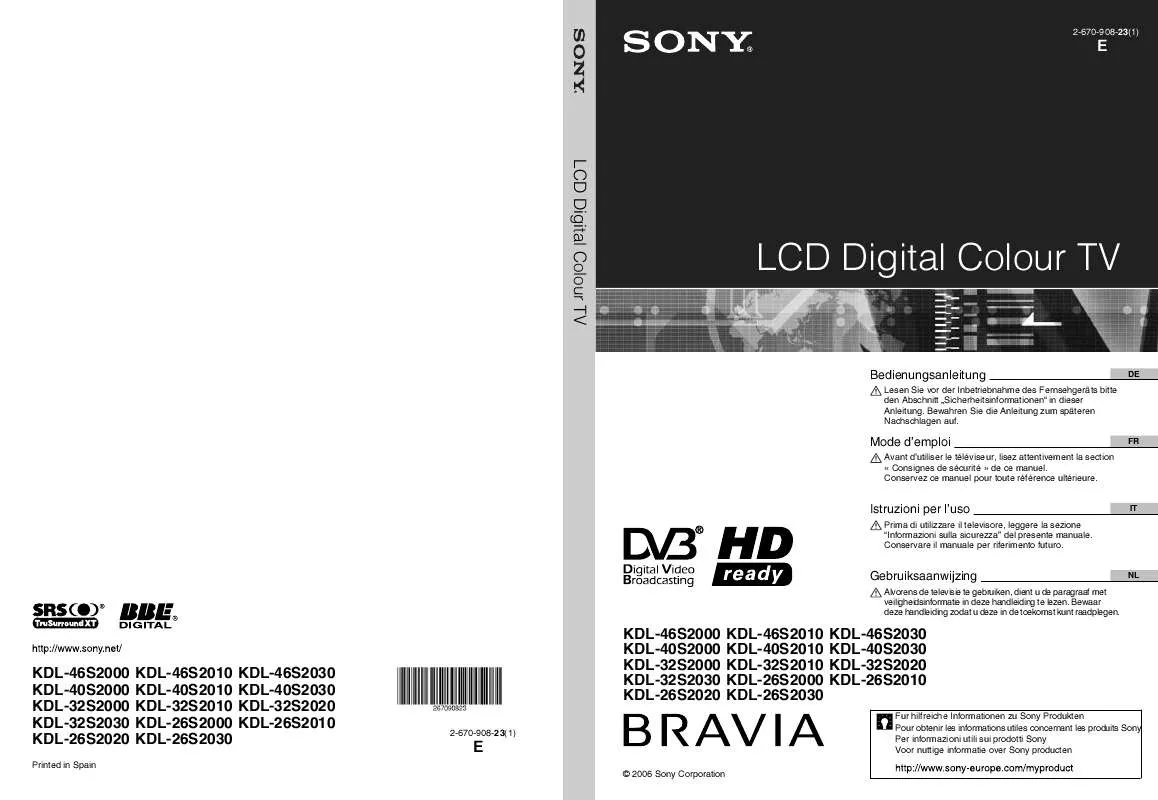 Mode d'emploi SONY KDL-40S2010