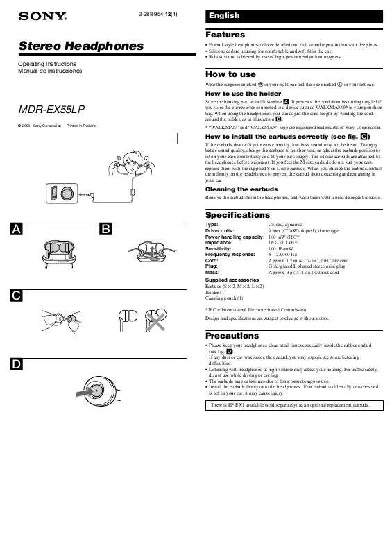 Mode d'emploi SONY MDR-EX55/BLK