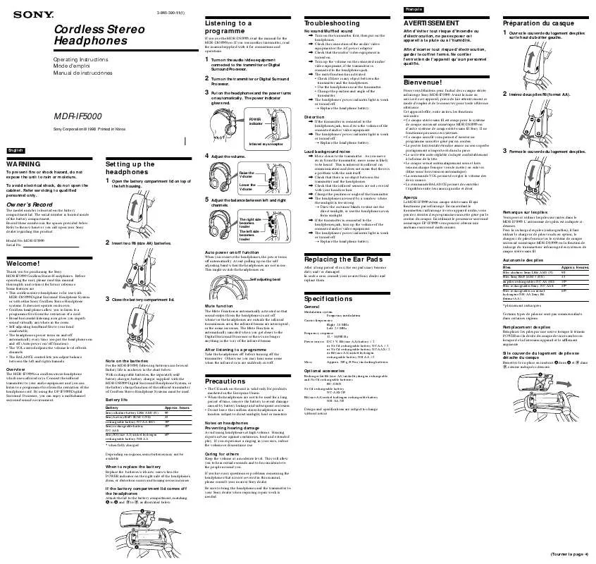 Mode d'emploi SONY MDR-IF5000