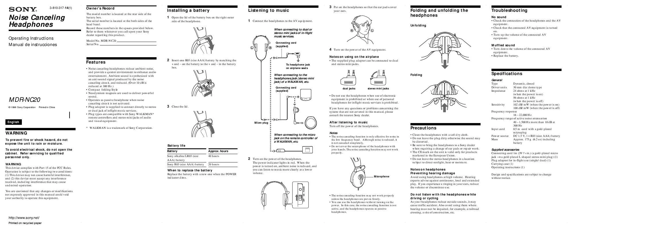 Mode d'emploi SONY MDR-NC20