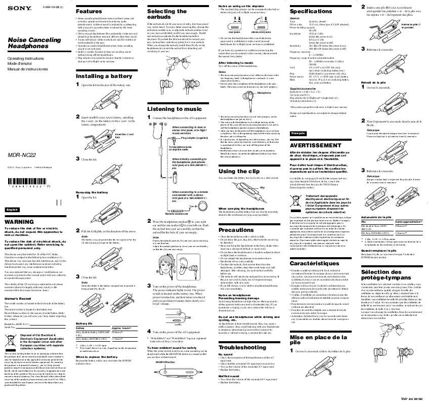 Mode d'emploi SONY MDR-NC22