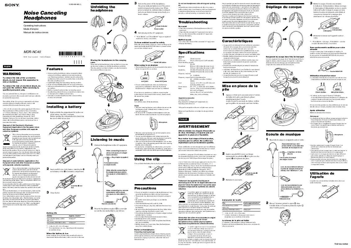 Mode d'emploi SONY MDR-NC40