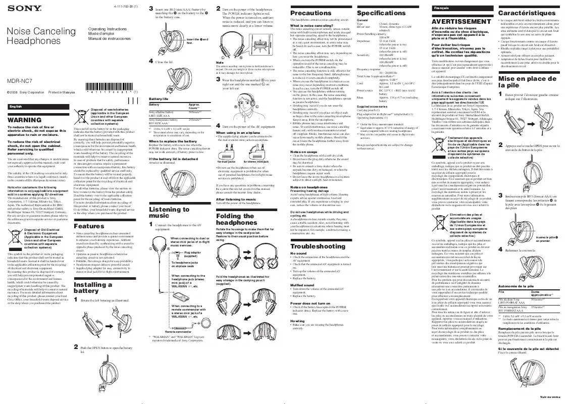 Mode d'emploi SONY MDR-NC7