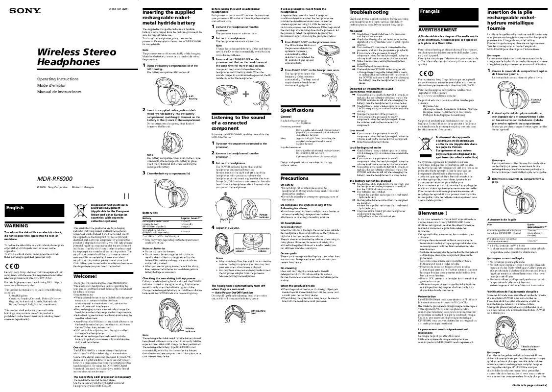 Mode d'emploi SONY MDR-RF6000