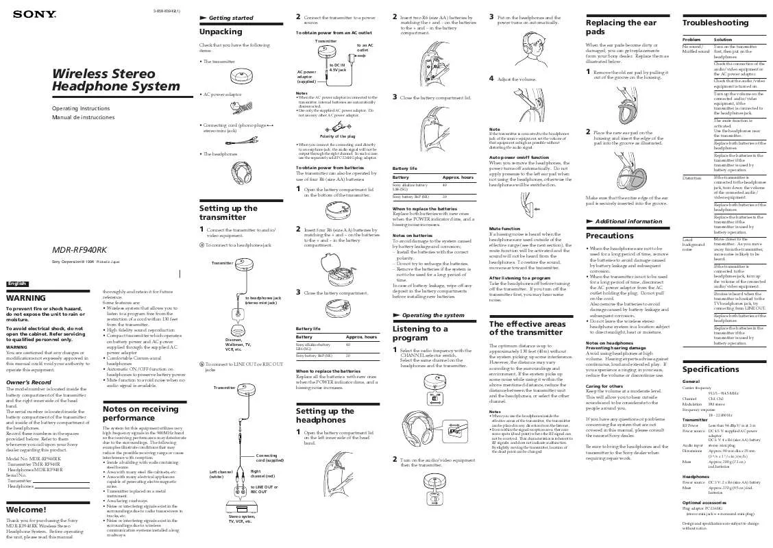 Mode d'emploi SONY MDR-RF940RK