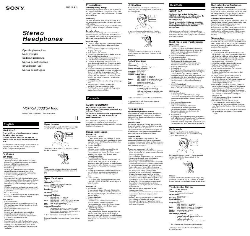 Mode d'emploi SONY MDR-SA1000