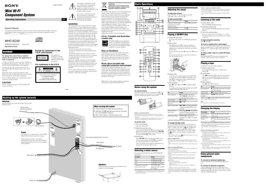 Mode d'emploi SONY MHC-EC50