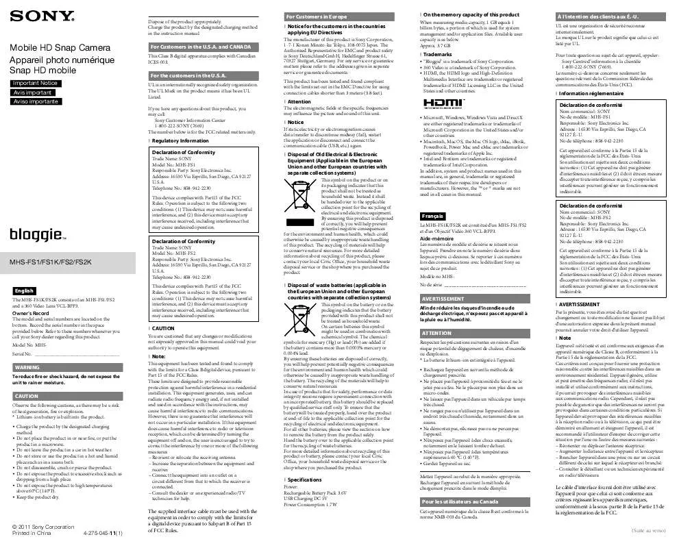 Mode d'emploi SONY MHS-FS2