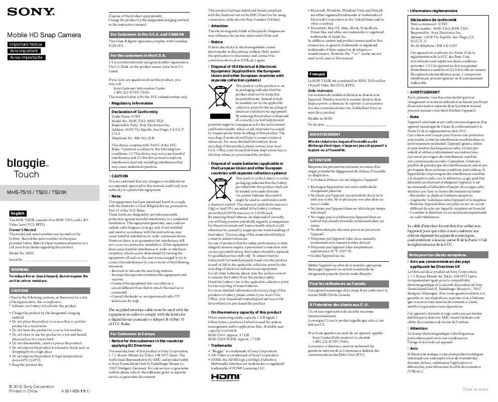 Mode d'emploi SONY MHS-TS10