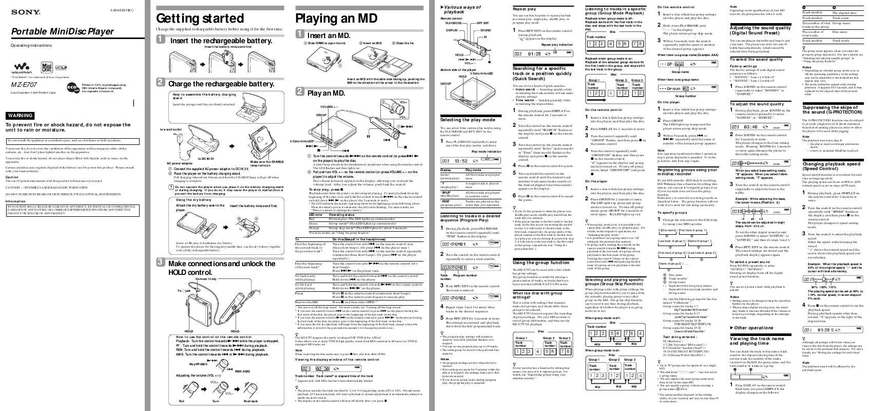 Mode d'emploi SONY MZ-E707