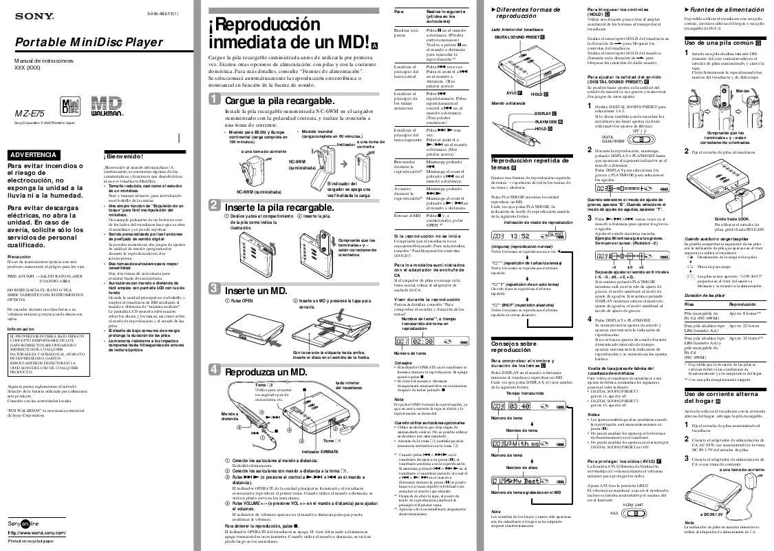 Mode d'emploi SONY MZ-E75