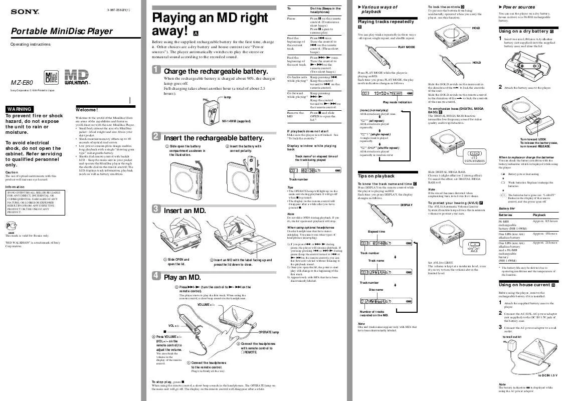 Mode d'emploi SONY MZ-E80