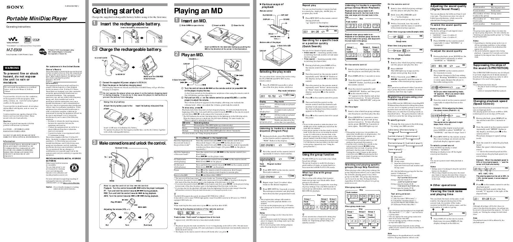 Mode d'emploi SONY MZ-E909