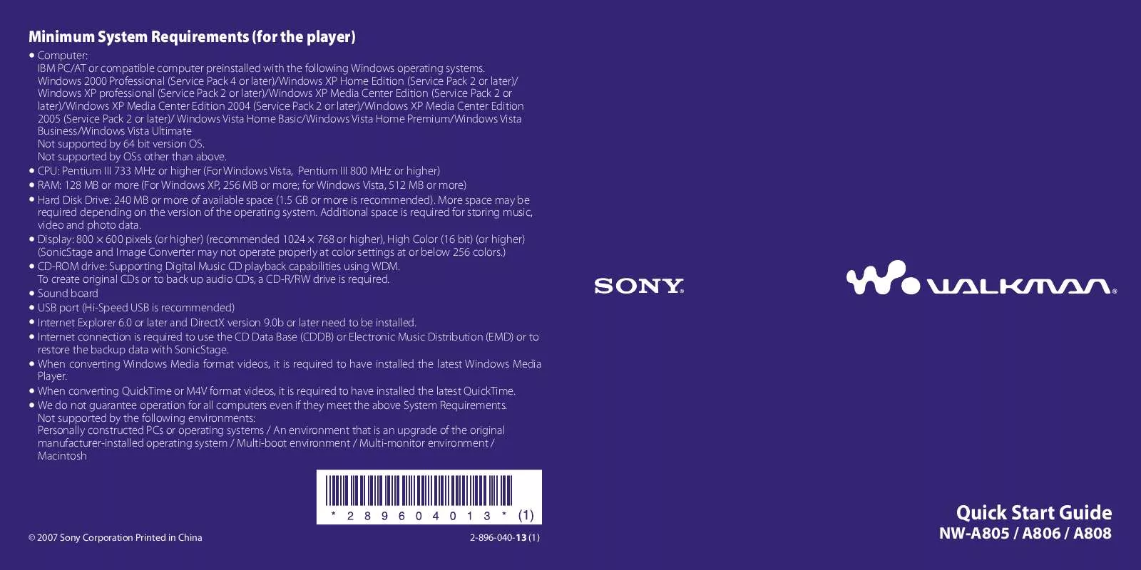 Mode d'emploi SONY NW-A805