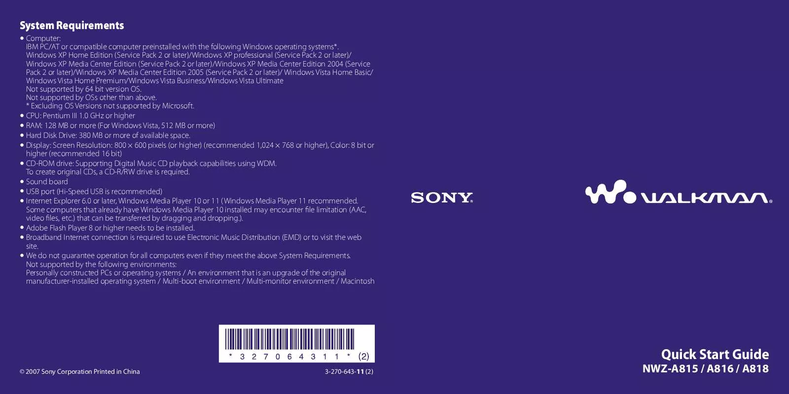 Mode d'emploi SONY NWZ-A815