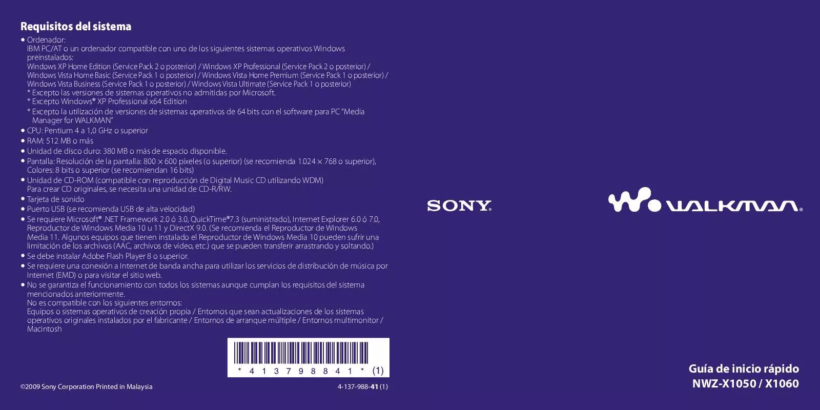 Mode d'emploi SONY NWZ-X1050