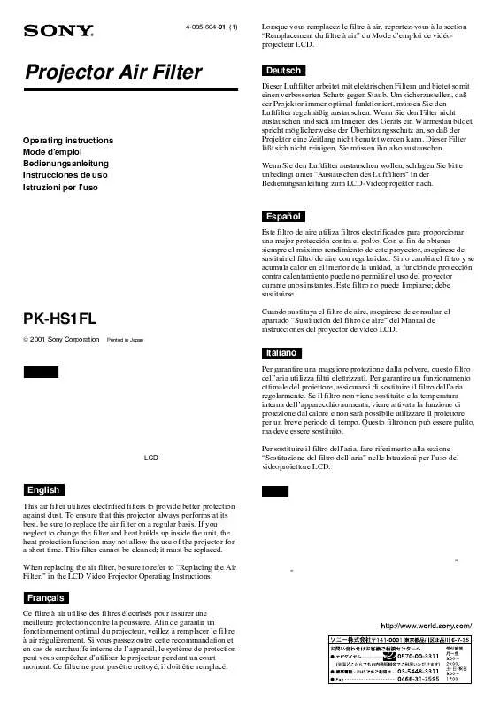 Mode d'emploi SONY PK-HS1FL