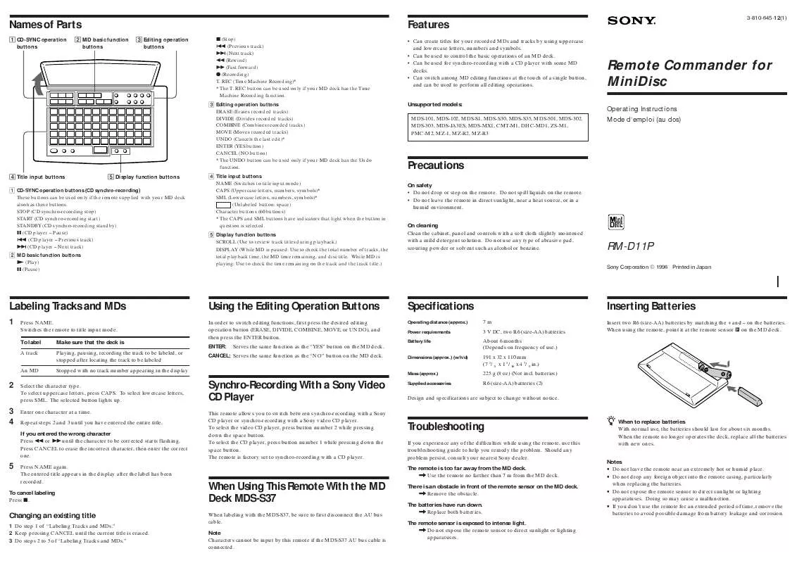 Mode d'emploi SONY RM-D11P