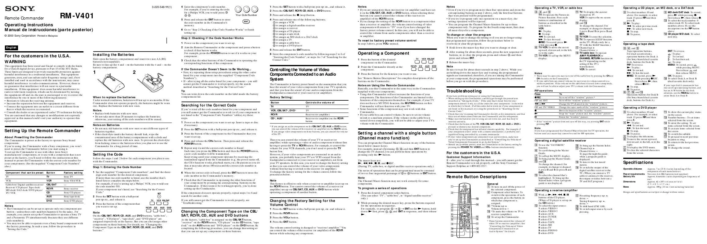 Mode d'emploi SONY RM-V401LIV