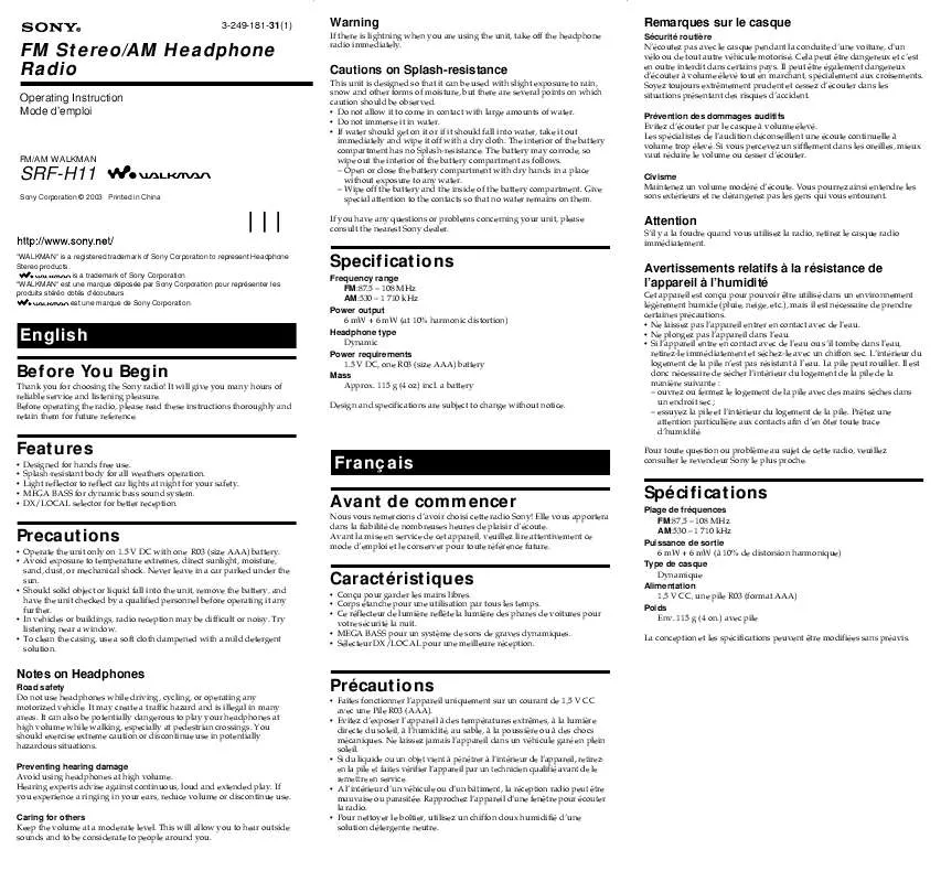 Mode d'emploi SONY SRF-H11