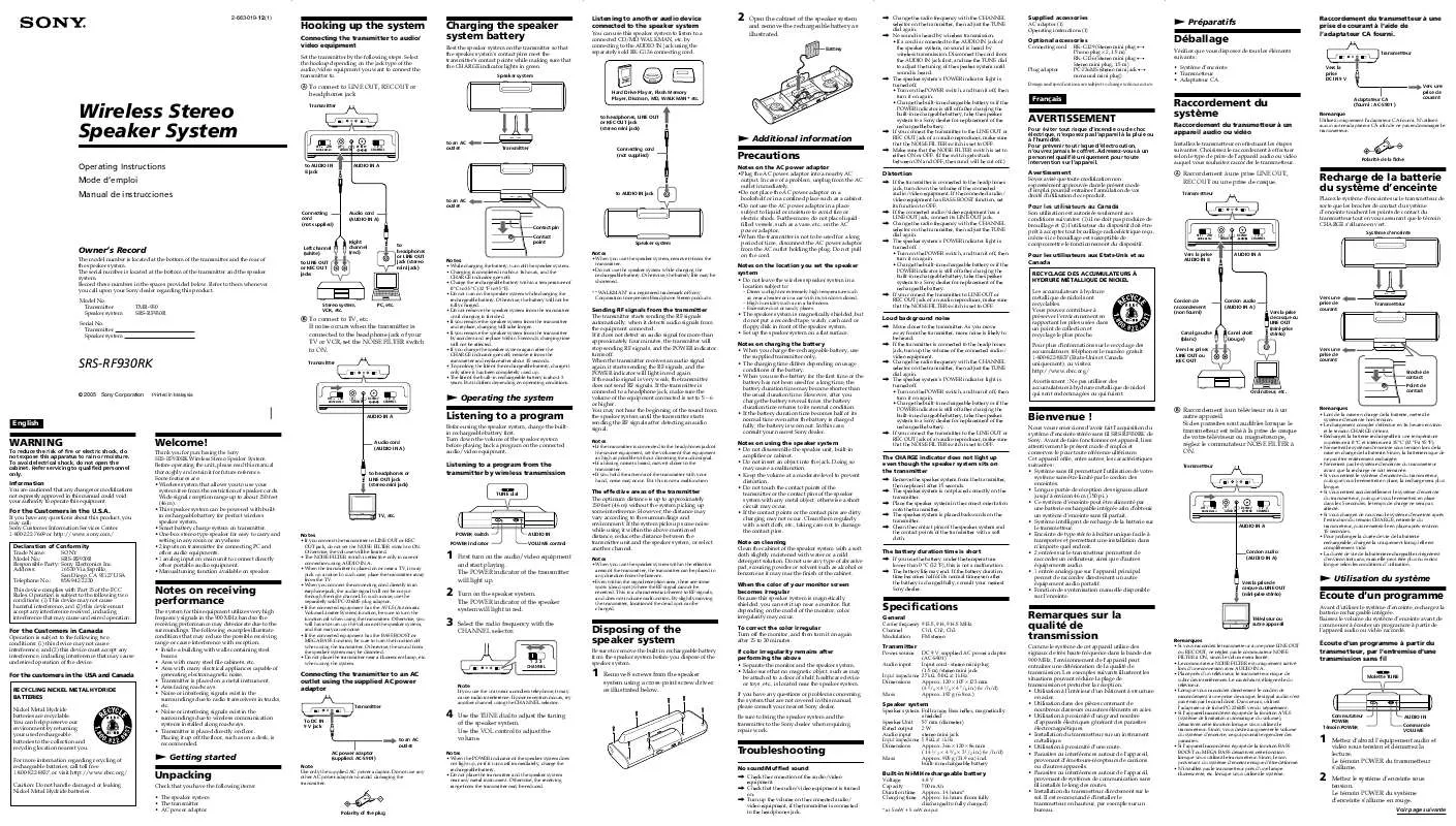 Mode d'emploi SONY SRS-RF930RK