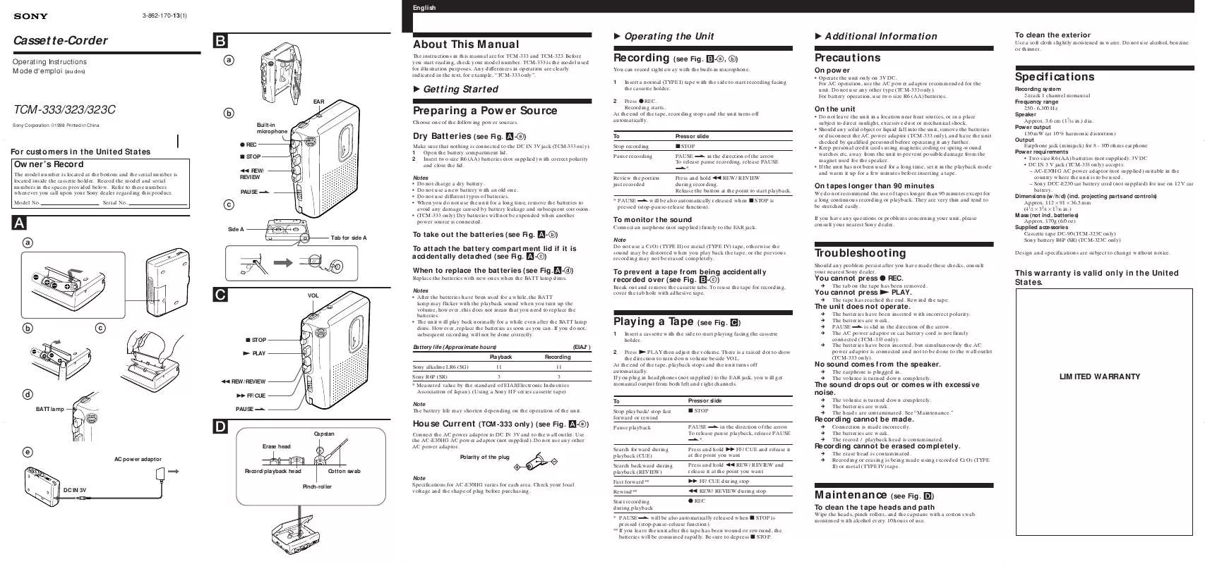 Mode d'emploi SONY TCM-323