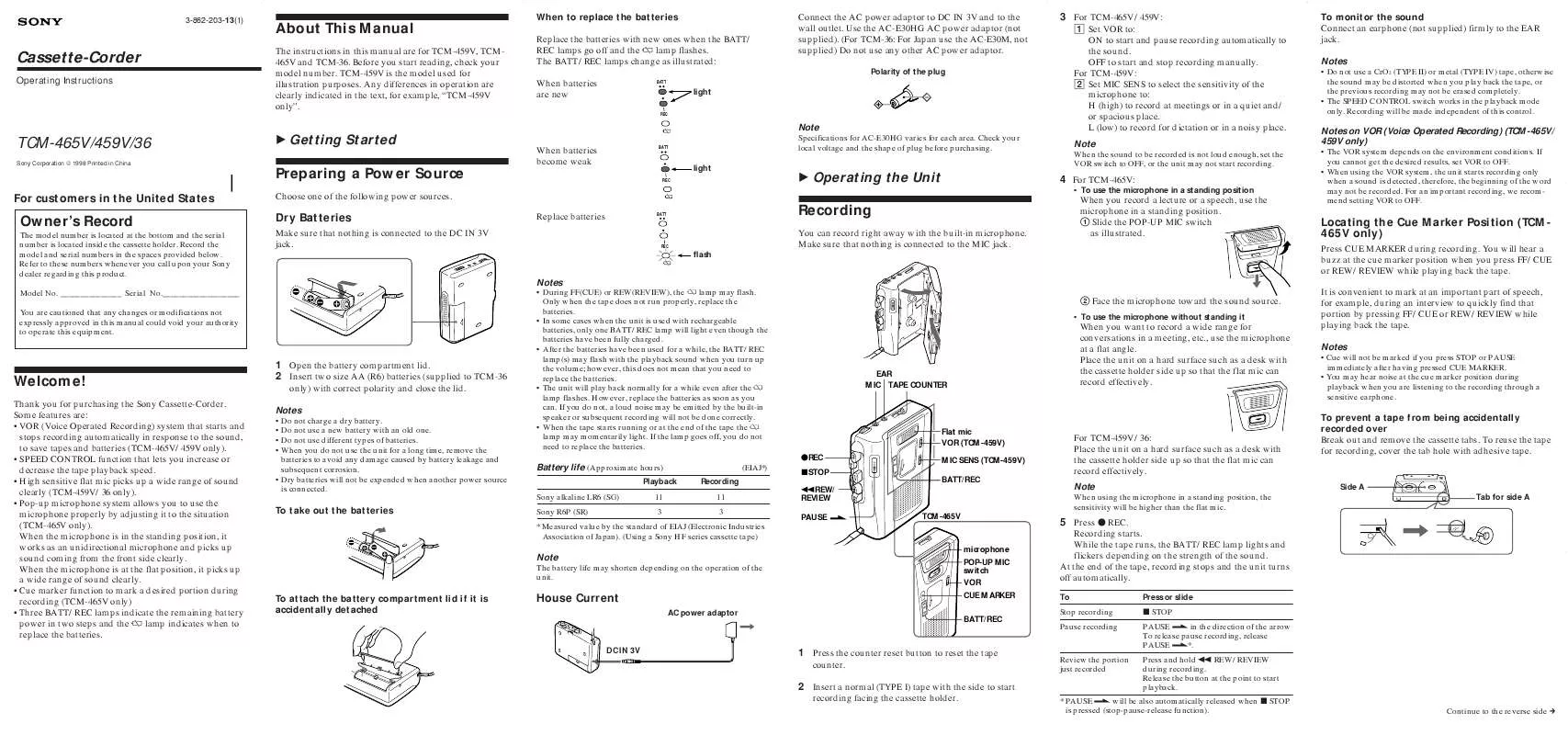 Mode d'emploi SONY TCM-459V