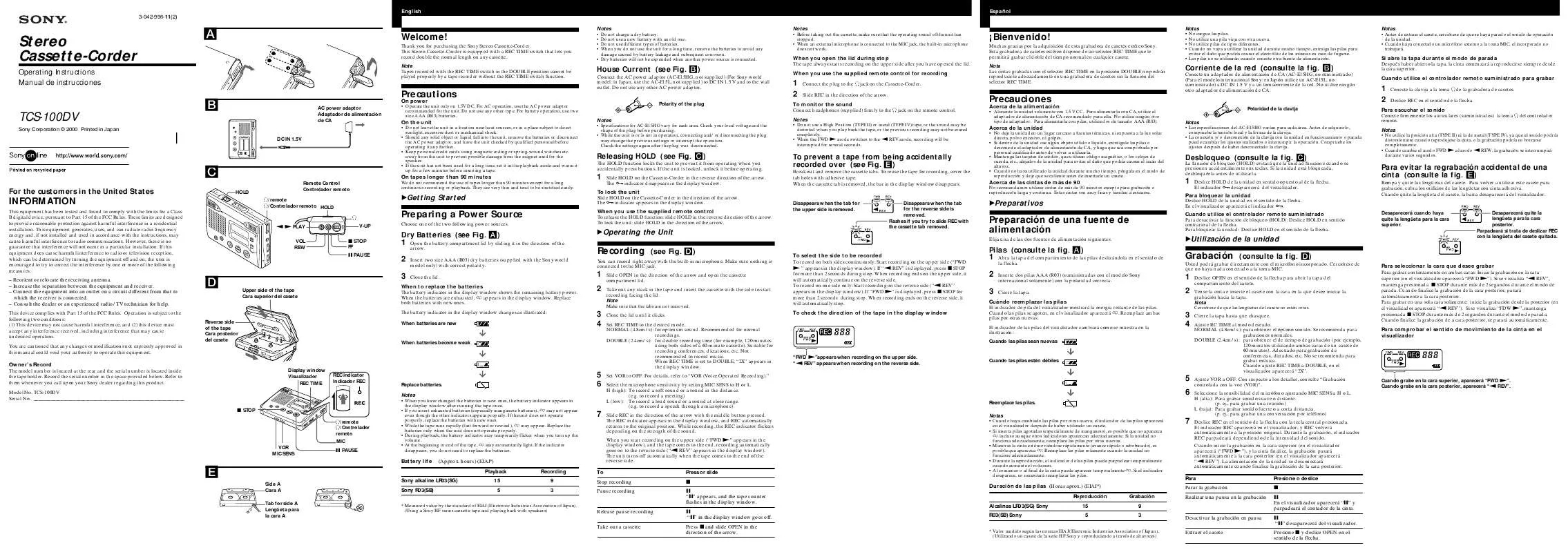 Mode d'emploi SONY TCS-100DV