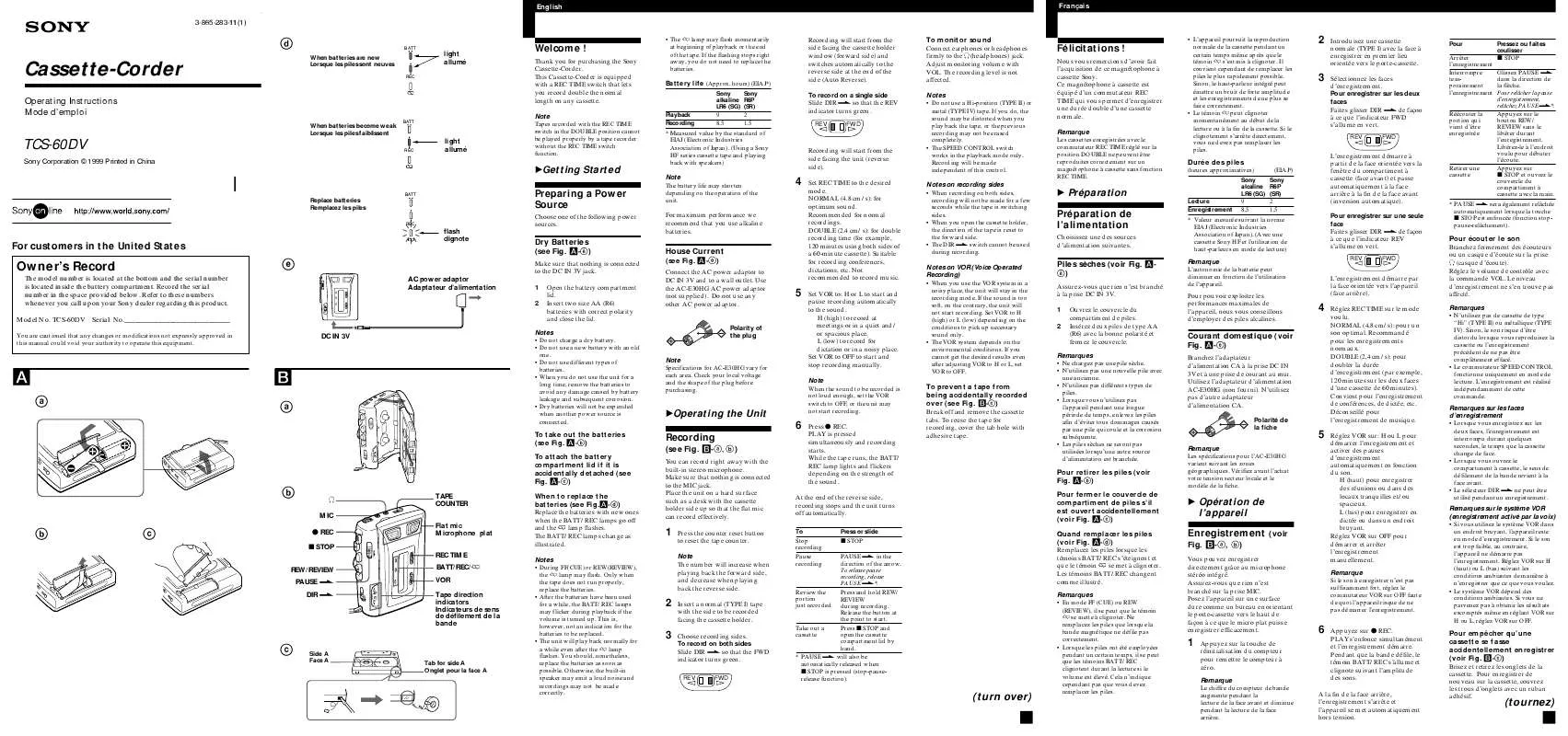 Mode d'emploi SONY TCS-60DV