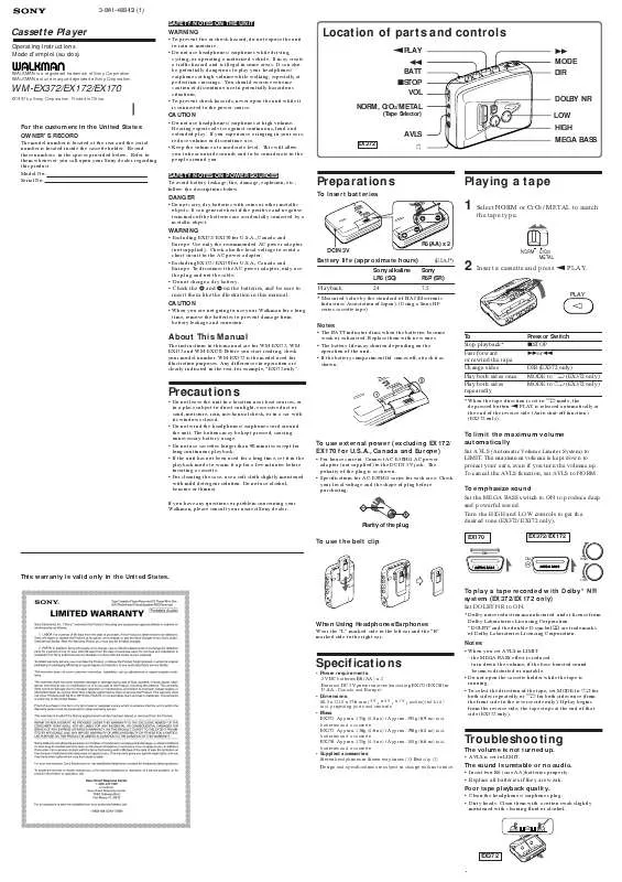 Mode d'emploi SONY WM-EX170