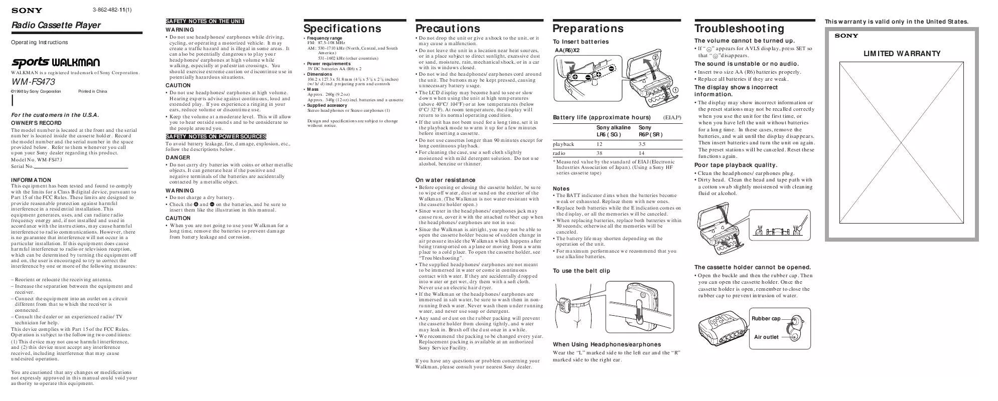 Mode d'emploi SONY WM-FS473