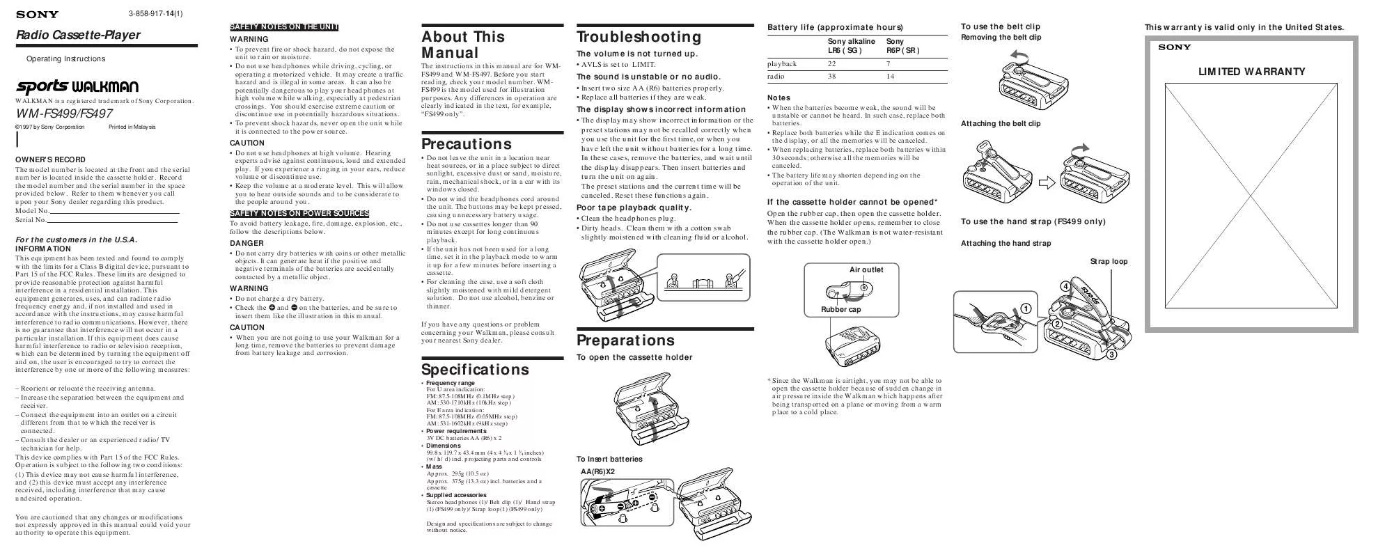 Mode d'emploi SONY WM-FS499