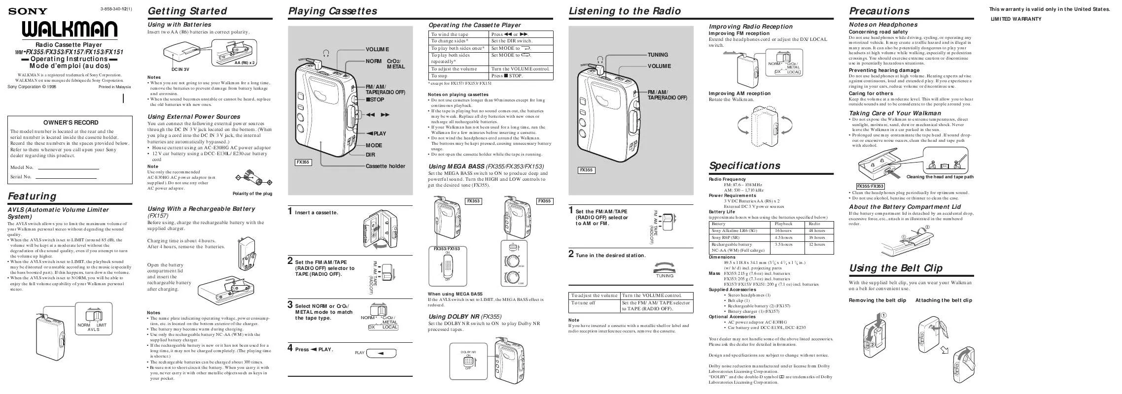 Mode d'emploi SONY WM-FX151