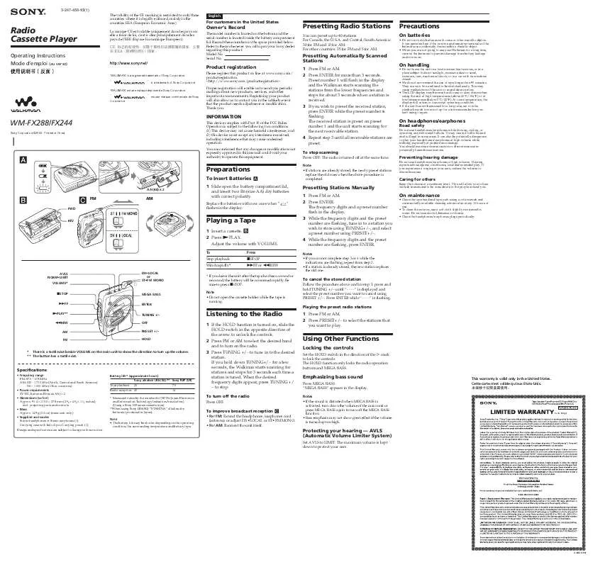 Mode d'emploi SONY WM-FX288