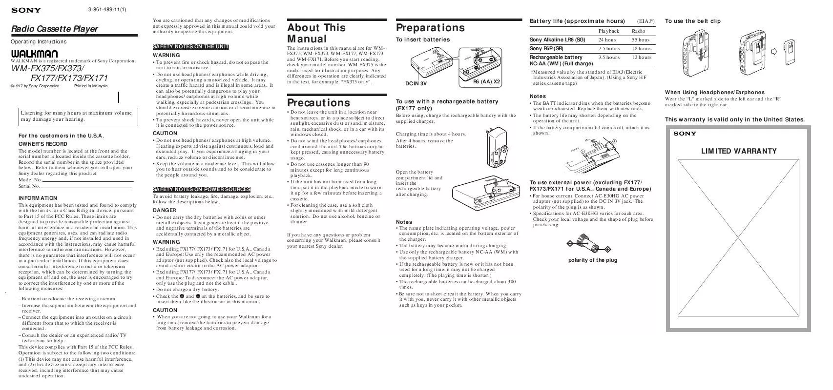 Mode d'emploi SONY WM-FX375