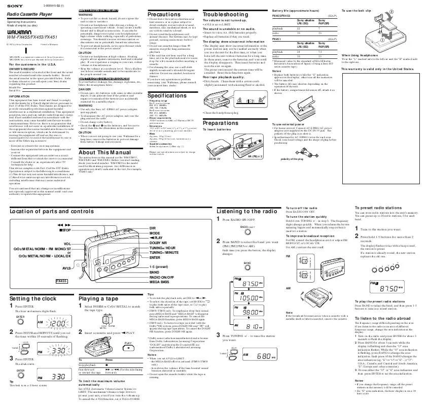 Mode d'emploi SONY WM-FX451