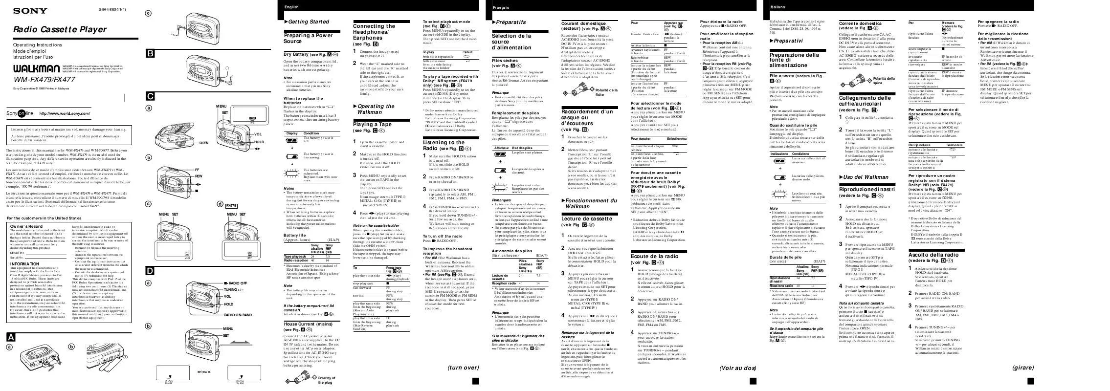 Mode d'emploi SONY WM-FX479