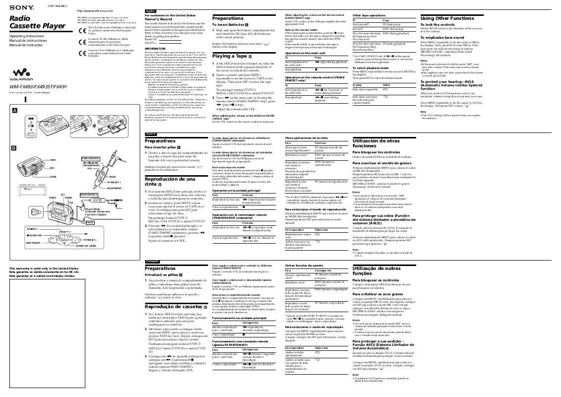 Mode d'emploi SONY WM-FX493ST