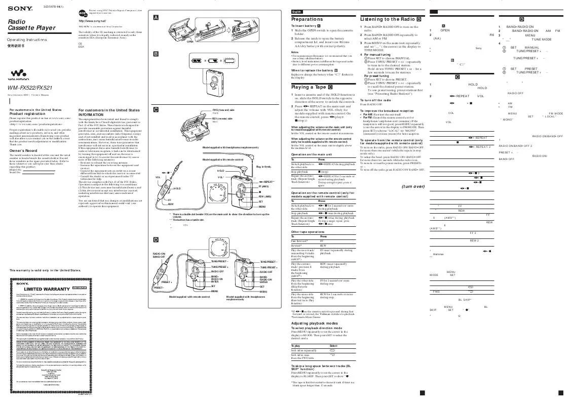 Mode d'emploi SONY WM-FX521