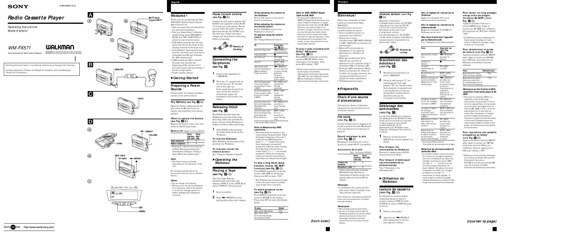 Mode d'emploi SONY WM-FX571