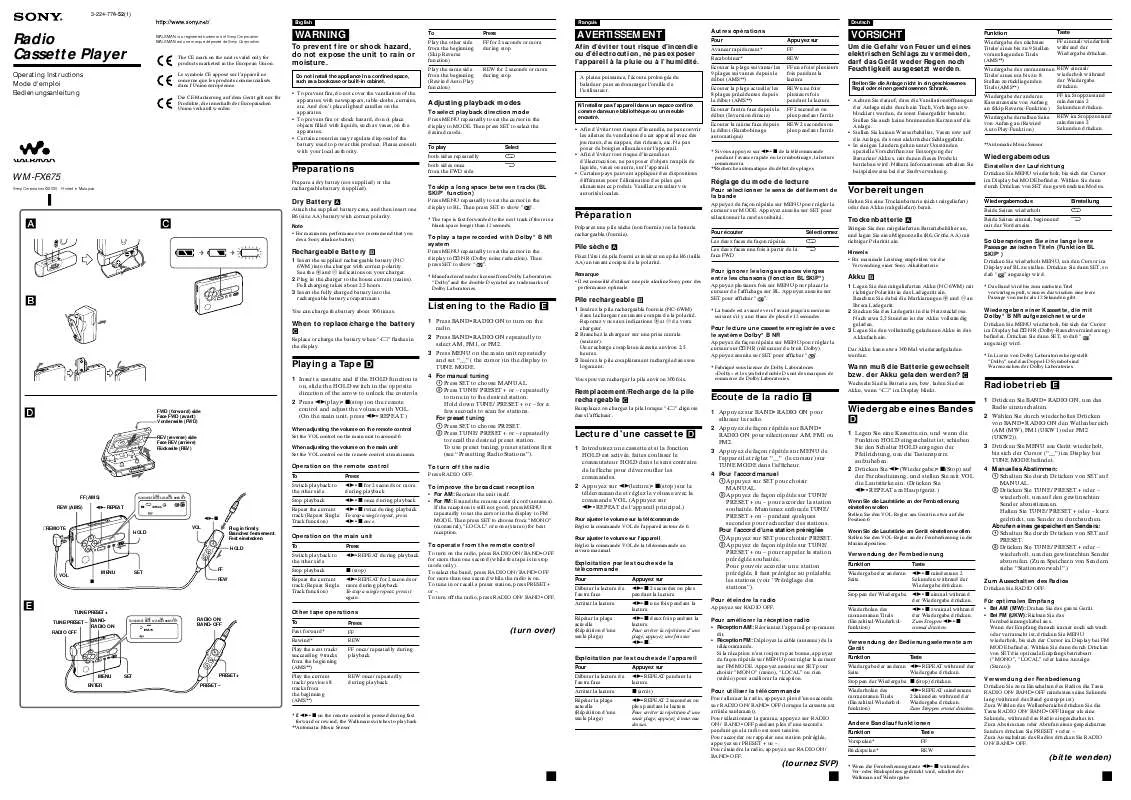 Mode d'emploi SONY WM-FX675