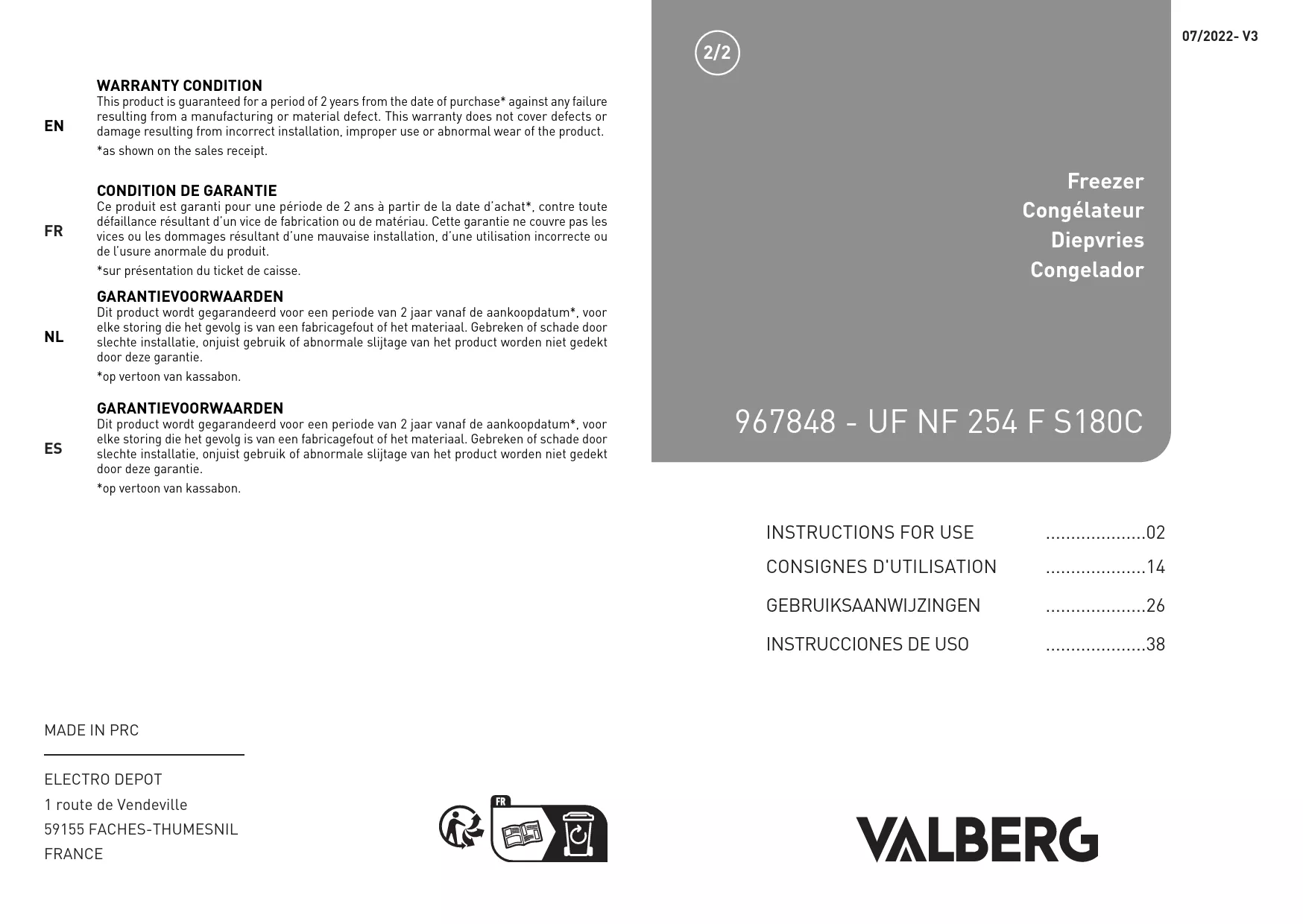 Mode d'emploi VALBERG UF NF 254 F S180C