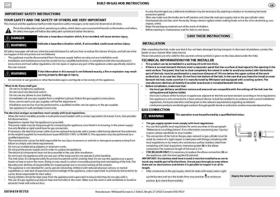 Mode d'emploi WHIRLPOOL AFE 854/B-K