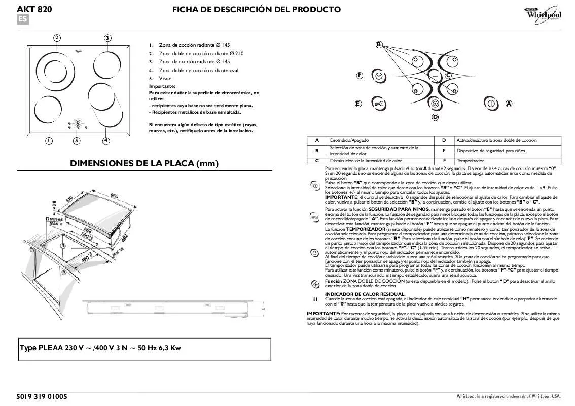 Mode d'emploi WHIRLPOOL AKT 820/IX