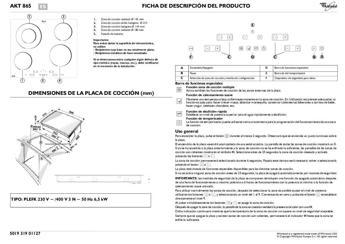 Mode d'emploi WHIRLPOOL AKT 865/BA