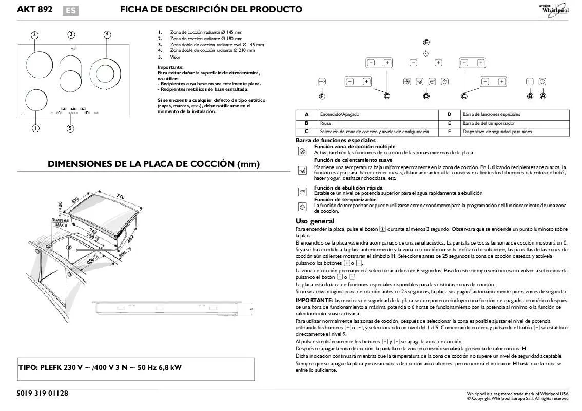 Mode d'emploi WHIRLPOOL AKT 892/IX