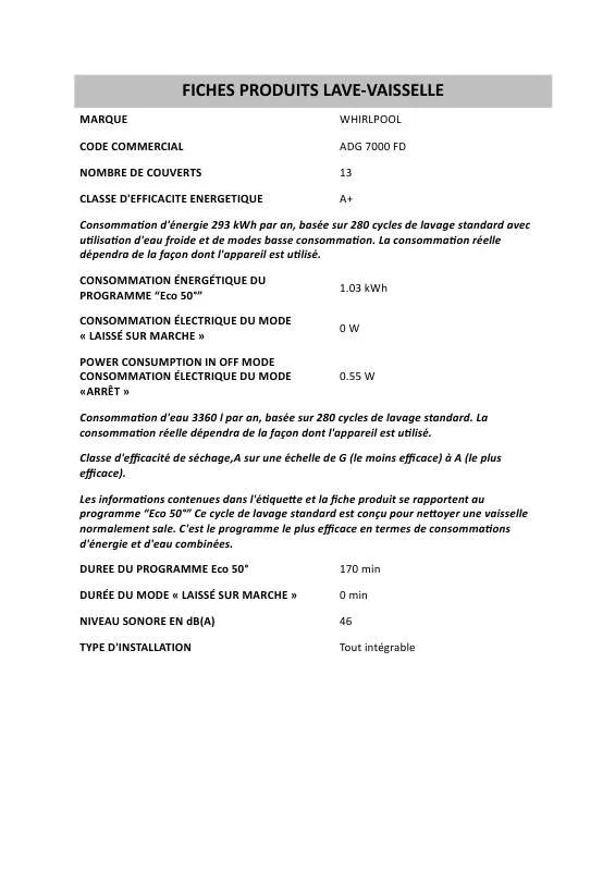 Mode d'emploi WHIRLPOOL ART 600/G